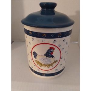 Blue Pattern Country Hens Kitchen Ceramic Canisters Rooster / Chicken 6 1/4"